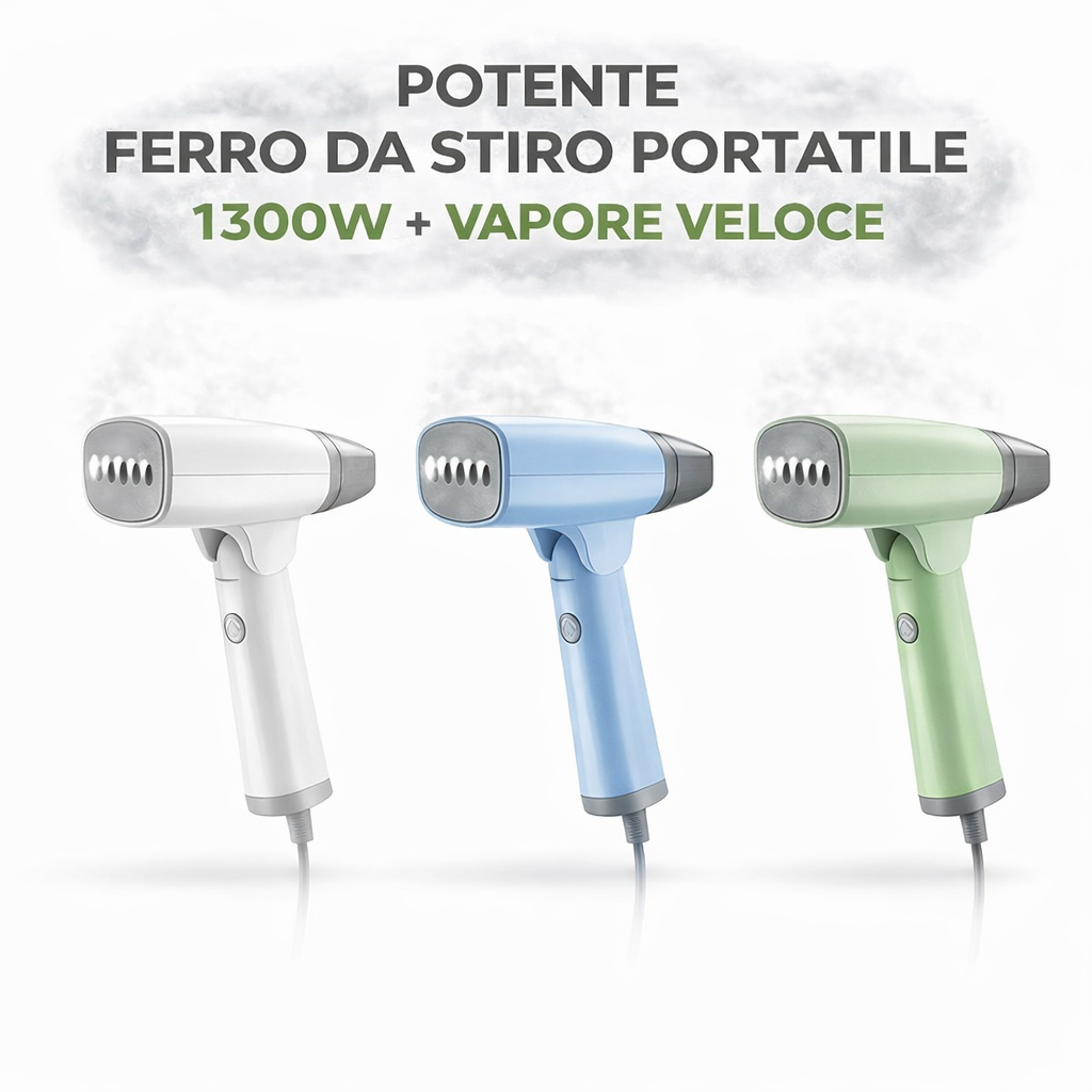 Ferro da Stiro Portatile a Vapore 1300W – Compatto e Pieghevole, Rimozione Rapida delle Pieghe, Ideale per Viaggio e Casa, Disponibile in Bianco, Azzurro e Verde