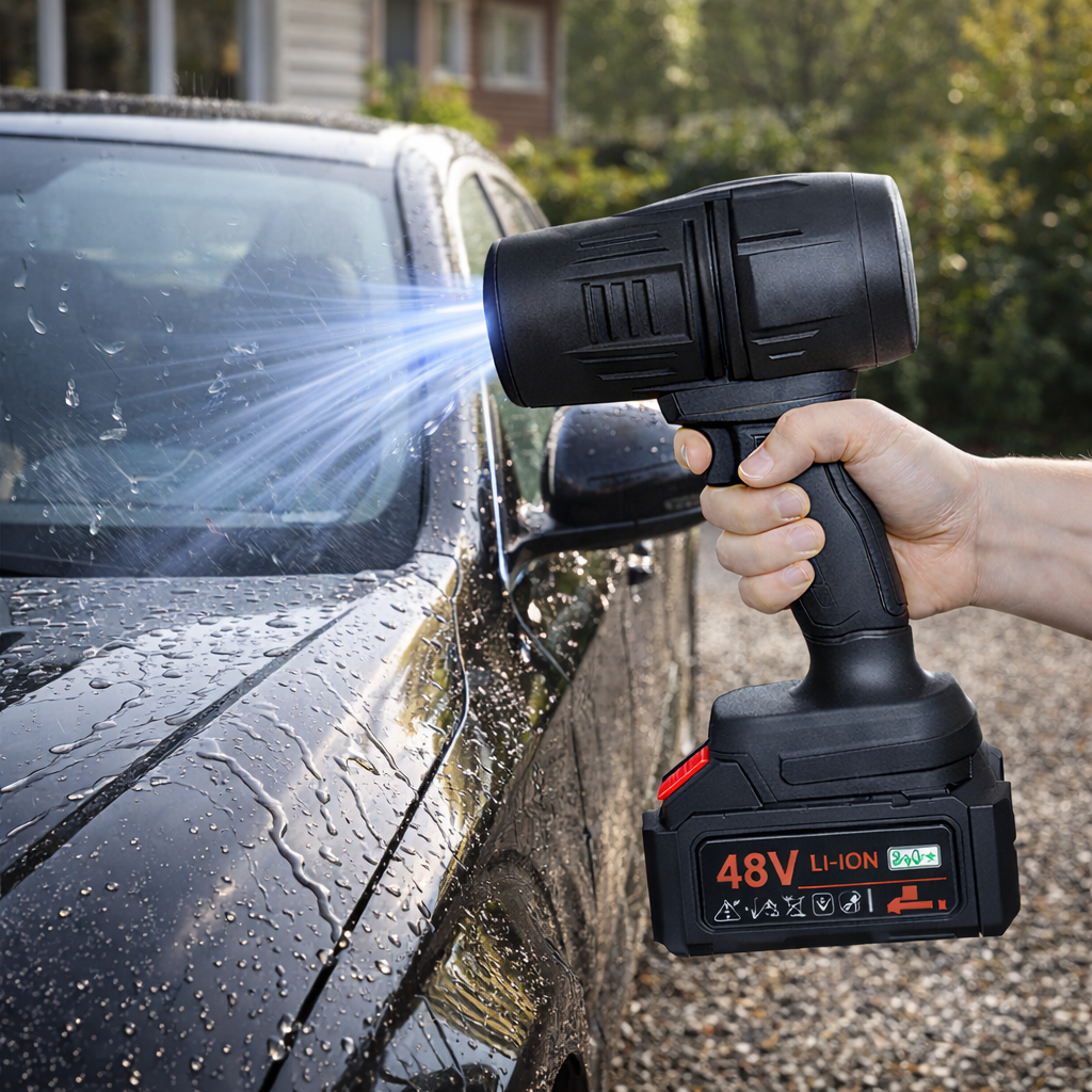 Soffiatore Turbo a Doppia Batteria 48V con Valigetta – Asciugatore per Auto e Moto, Ventola Potente per Foglie, Tapparelle e Pulizia Esterni