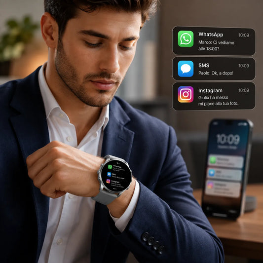 Smartwatch Uomo Bluetooth con Chiamate e Notifiche – Orologio Smart Display Rotondo, Contapassi, Calorie, Monitoraggio Sonno, Modalità Sport e Controllo Fotocamera – iOS Android