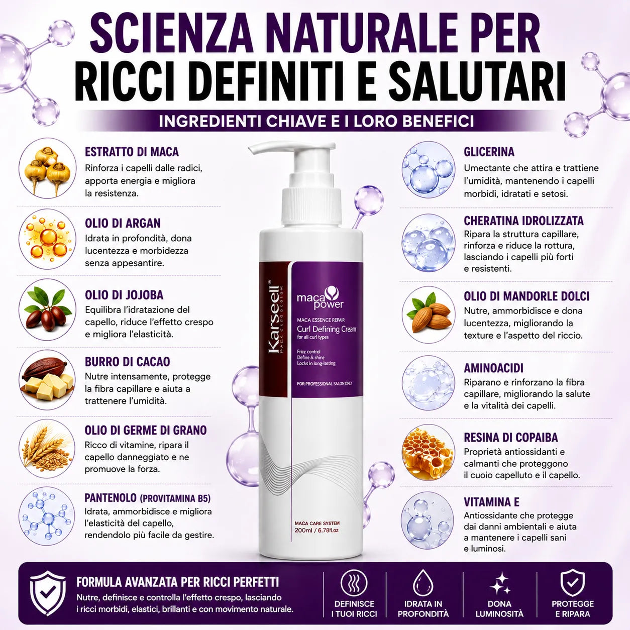 Karseell Maca Power Curling Perfection Defining Cream 200ml – Crema Definizione Ricci Anti Crespo con Maca, Cheratina e Olio di Argan