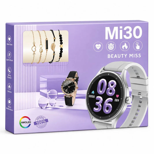 Beauty Miss Smartwatch AMOLED con Chiamate Bluetooth + Orologio – Kit Regalo Completo con 2 Cinturini e Set Bracciali, Fitness Tracker Android iOS