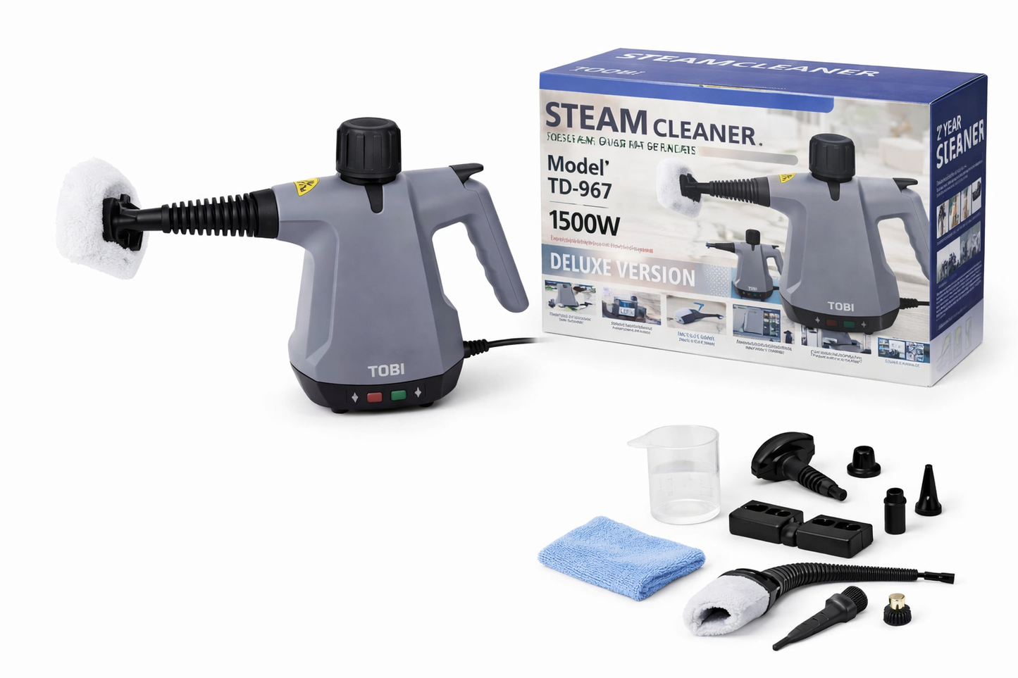 Pulitore a Vapore Portatile TB-967 1500W – 15 Accessori per Cucina, Bagno, Auto e Superfici Delicate