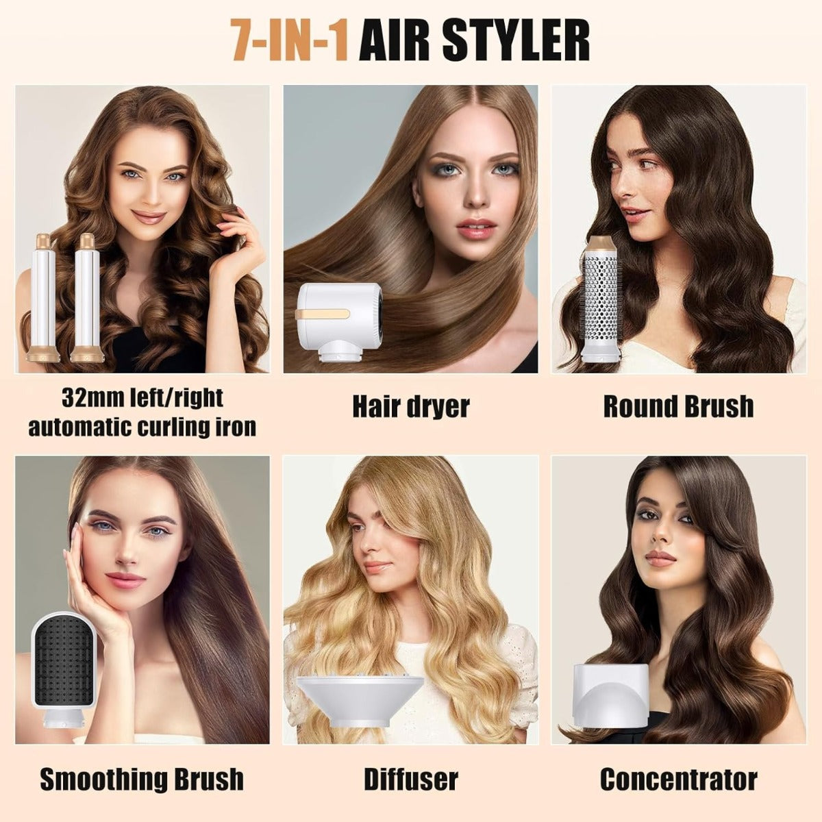 Styler Air 7-in-1 con Asciugacapelli 1400W, Spazzola ad Aria Calda, Arricciacapelli Automatico e Diffusore