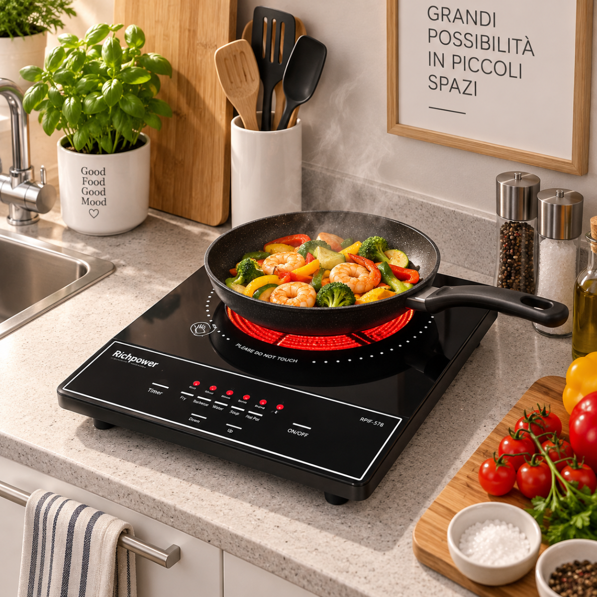 Piastra Elettrica a Infrarossi 2000W Richpower RPIF-578, Fornello Portatile in Vetroceramica con Comandi Touch, Funzioni di Cottura, Protezione dal Surriscaldamento e Spegnimento Automatico – Nero