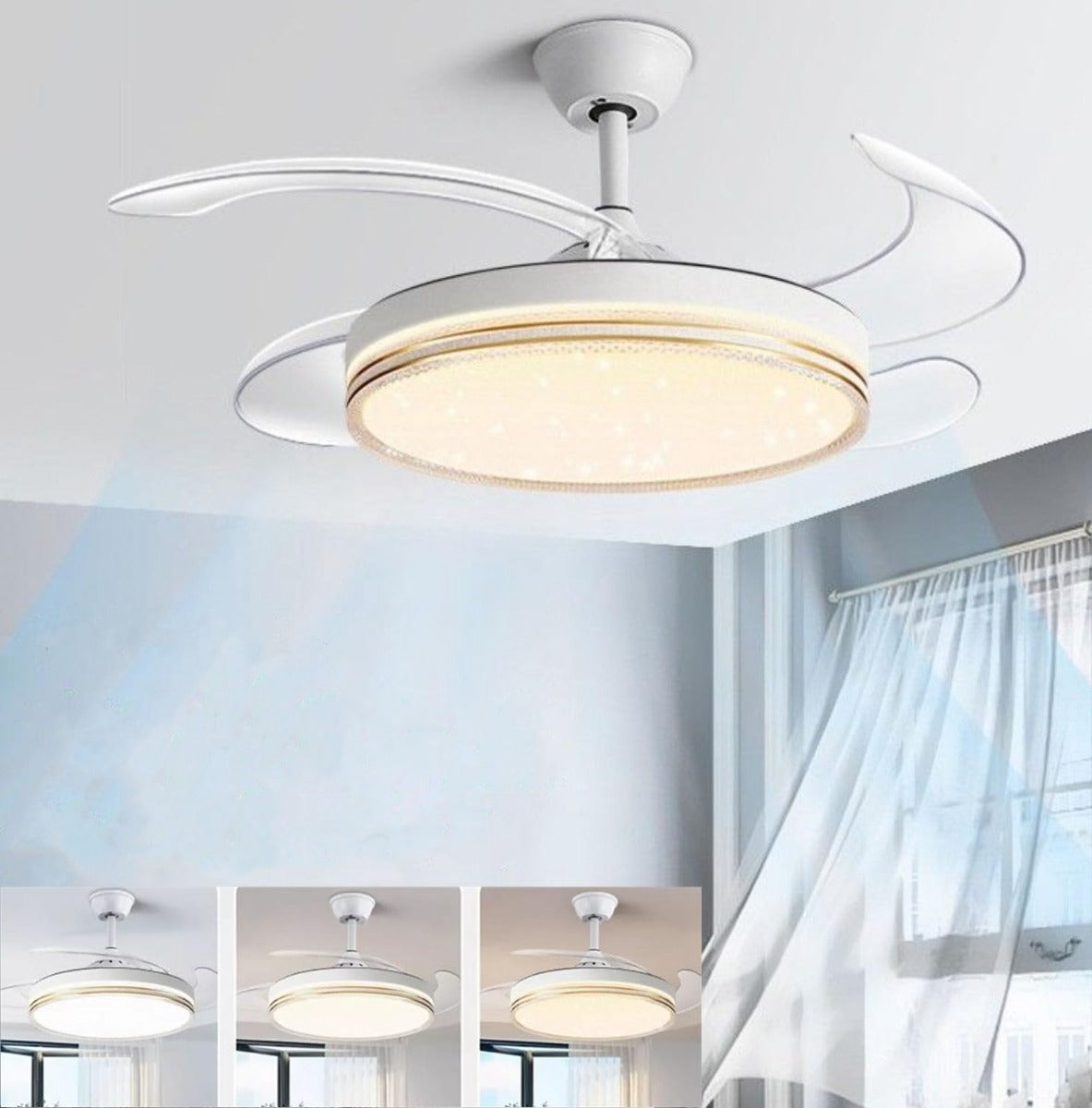 Ventilatore da Soffitto con Luce LED Dimmerabile e Telecomando – 48" a Pale Retrattili, Silenzioso, Plafoniera Moderna per Interni