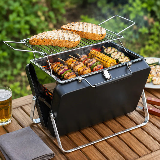 Barbecue Portatile Pieghevole a Valigetta in Acciaio Inox – Mini Griglia Compatta da Campeggio, Picnic, Giardino e Spiaggia con Griglia Ribaltabile e Scomparto Carbone Estensibile