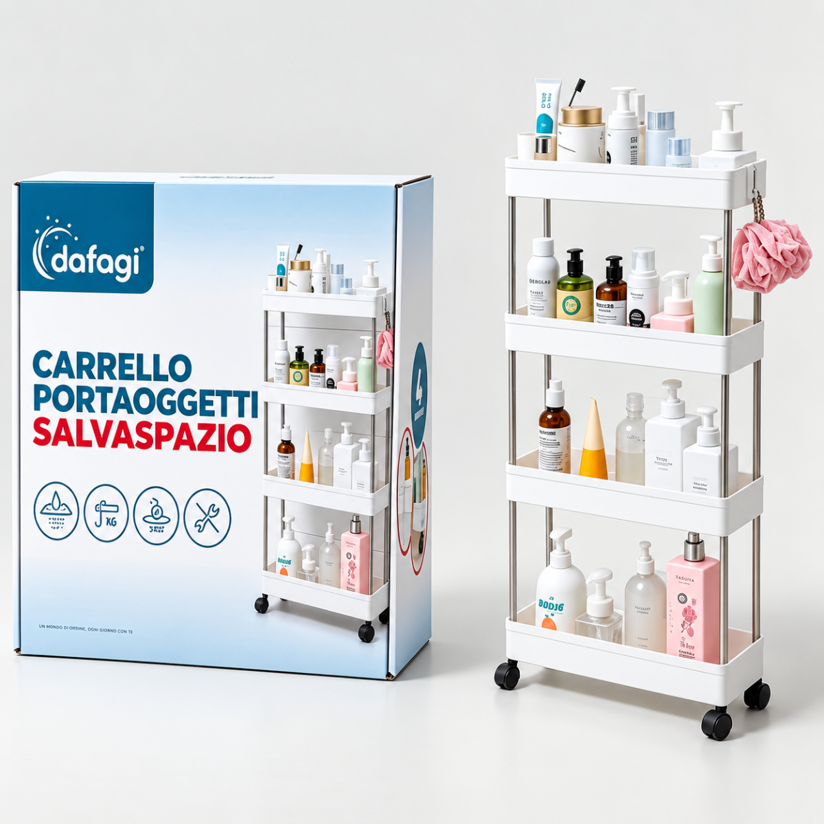 DAFAGI Carrello Portaoggetti Salvaspazio a 4 Ripiani con Ruote – Organizer Stretto Multiuso per Bagno, Cucina e Lavanderia