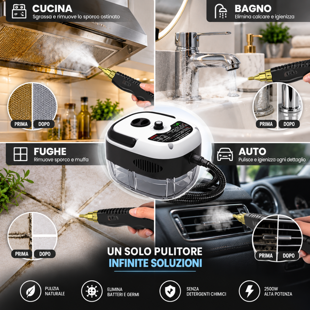 Pulitore a Vapore Professionale 2500W ad Alta Pressione 3 BAR, Temperatura 105°C, Pistola a Vapore con Tubo Flessibile, Pulizia Cucina, Forno, Cappa, Piastrelle e Fughe, Sgrassatore Elettrico