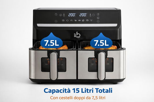 Friggitrice ad Aria 2000W Doppio Cestello 15L (7,5L + 7,5L) – Air Fryer XXXL a Doppia Zona con Controllo Indipendente