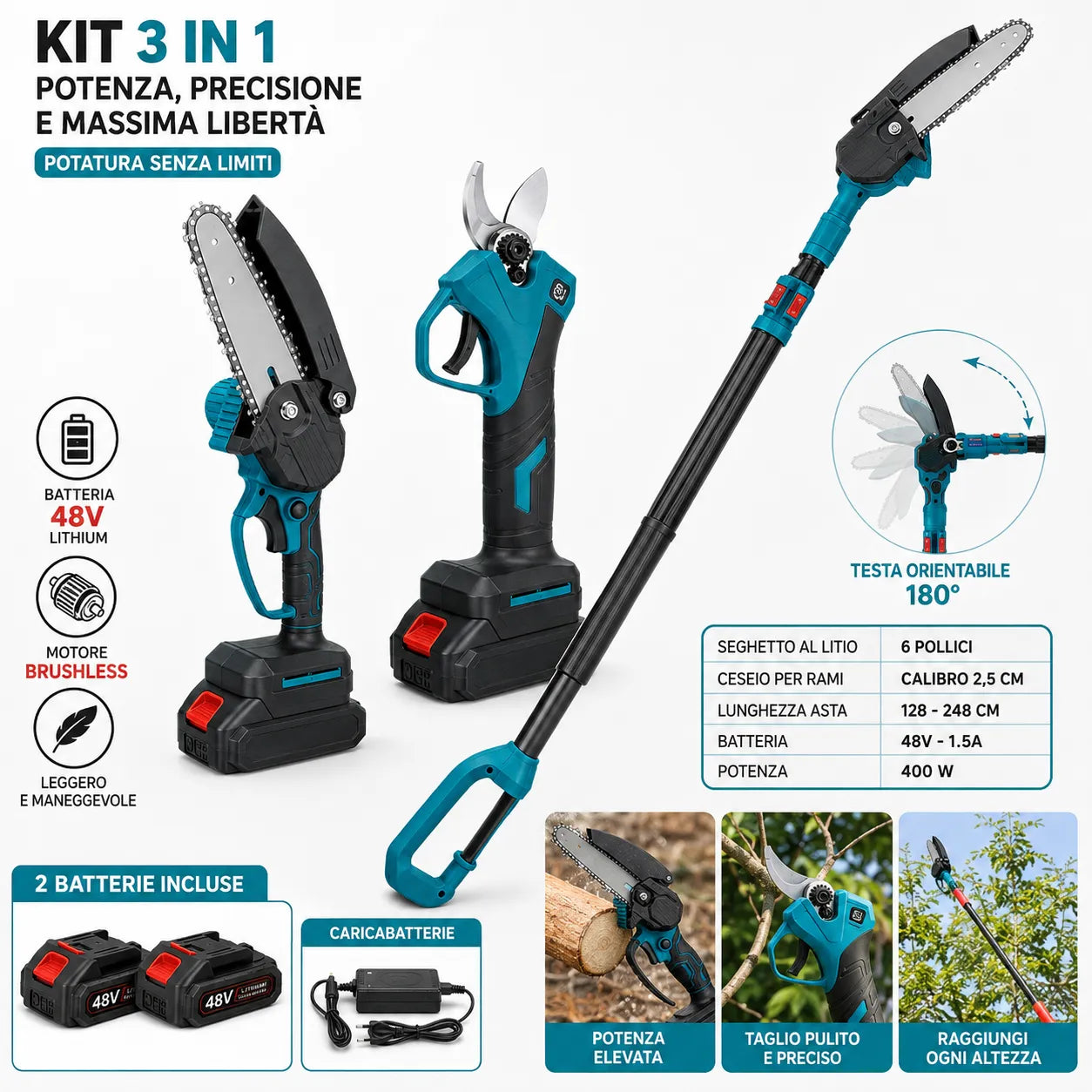 Kit Potatura a Batteria 3 in 1 con Asta Telescopica – Forbice Elettrica + Mini Motosega 6" + 2 Batterie e accessori