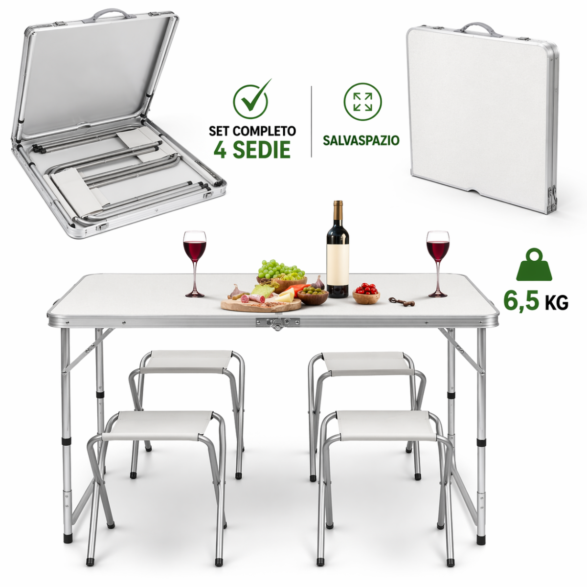 Tavolo Pieghevole con 4 Sedie – Set Campeggio Portatile Salvaspazio | Tavolino Richiudibile a Valigetta per Picnic, Giardino e Viaggi