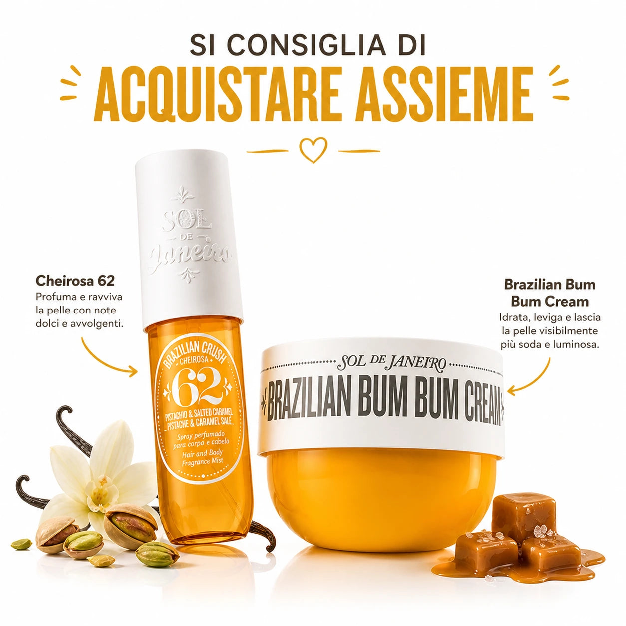 Sol de Janeiro Brazilian Crush Cheirosa 62 – Spray Corpo e Capelli | Fragranza Estiva Pistacchio, Vaniglia e Caramello Salato
