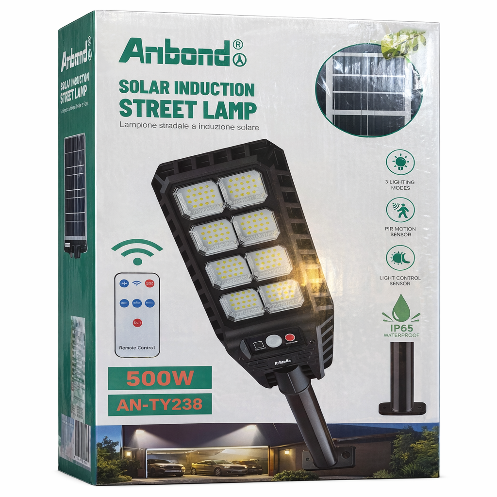 Lampione Solare LED 500W con Sensore di Movimento – Impermeabile IP65, Telecomando, Luce da Esterno per Giardino, Garage e Cancello