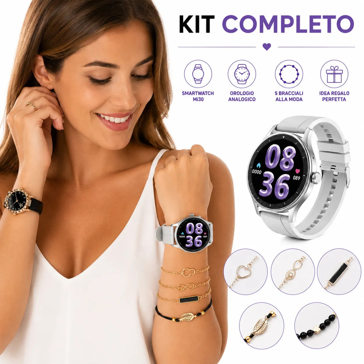 Beauty Miss Smartwatch AMOLED con Chiamate Bluetooth + Orologio – Kit Regalo Completo con 2 Cinturini e Set Bracciali, Fitness Tracker Android iOS