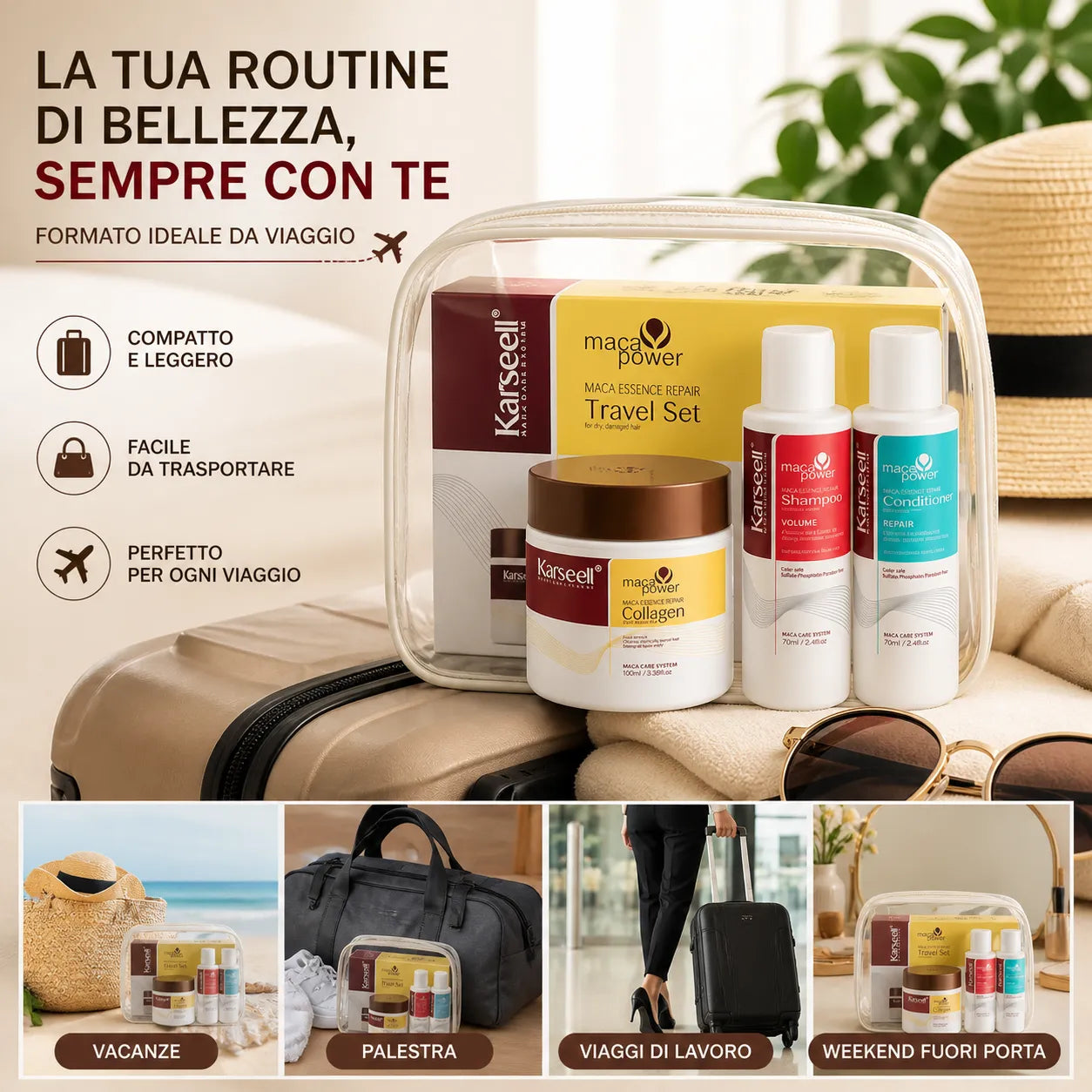 Karseell Maca Essence Repair Travel Set – Kit Capelli da Viaggio con Shampoo, Balsamo e Maschera al Collagene – Trattamento Nutriente per Capelli Secchi e Danneggiati
