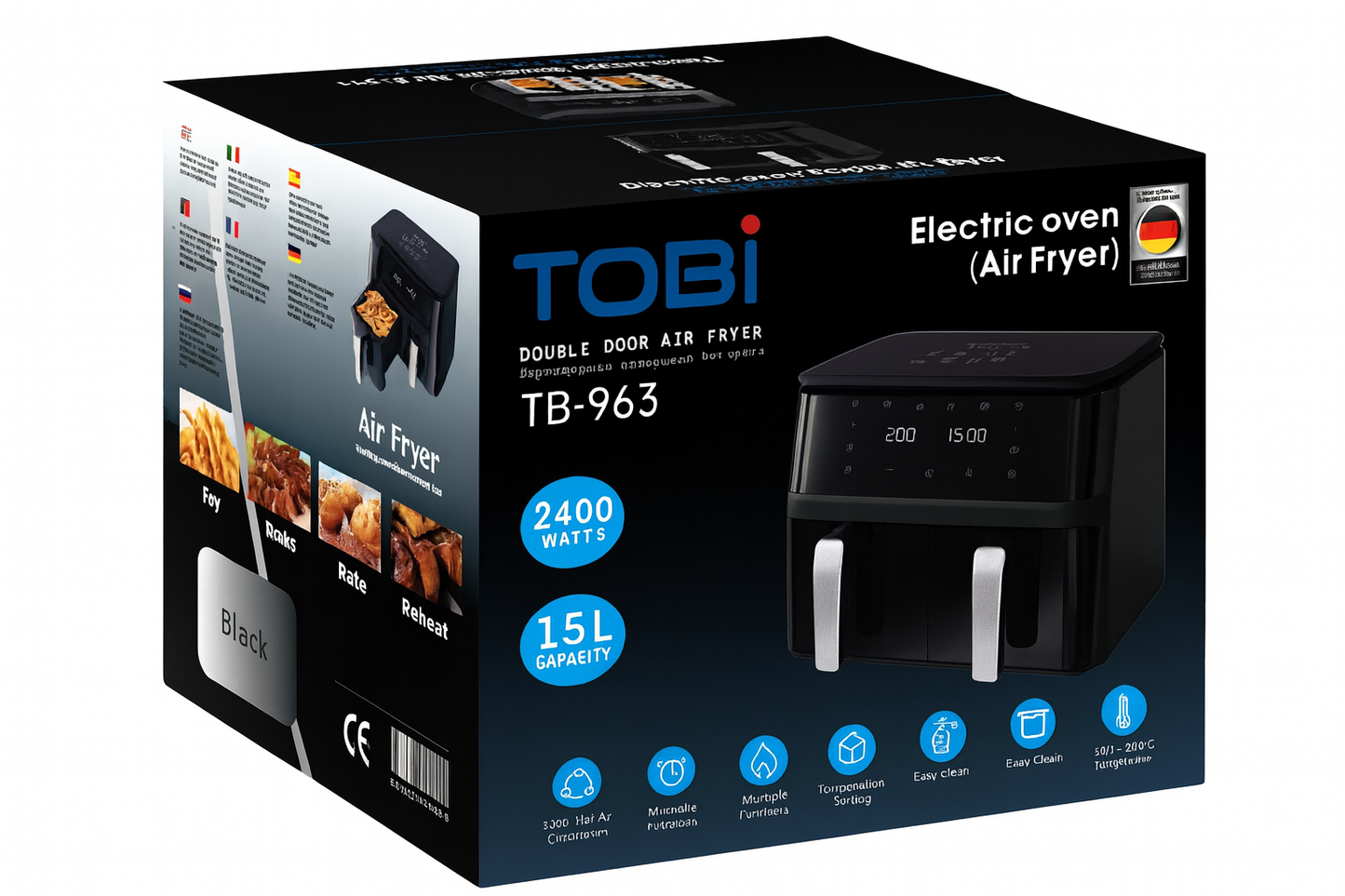 Friggitrice Tobi ad Aria Dual Zone 15L – Doppio Cestello Indipendenti | 2400W, Touch LED, 8 Programmi Black Limited Edition