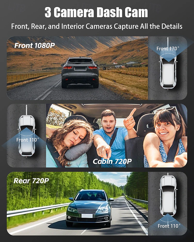 Dash Cam per Auto a 3 Canali con Visione Notturna – Registrazione Full HD 1080P, Monitoraggio Parcheggio 24H, Camera Anteriore/Interna/Posteriore