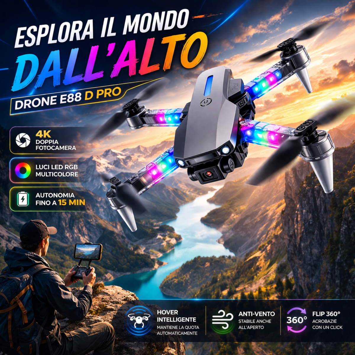 Drone pieghevole E88 D Pro con app e doppia fotocamera HD, luci LED, controllo remoto e mantenimento altezza