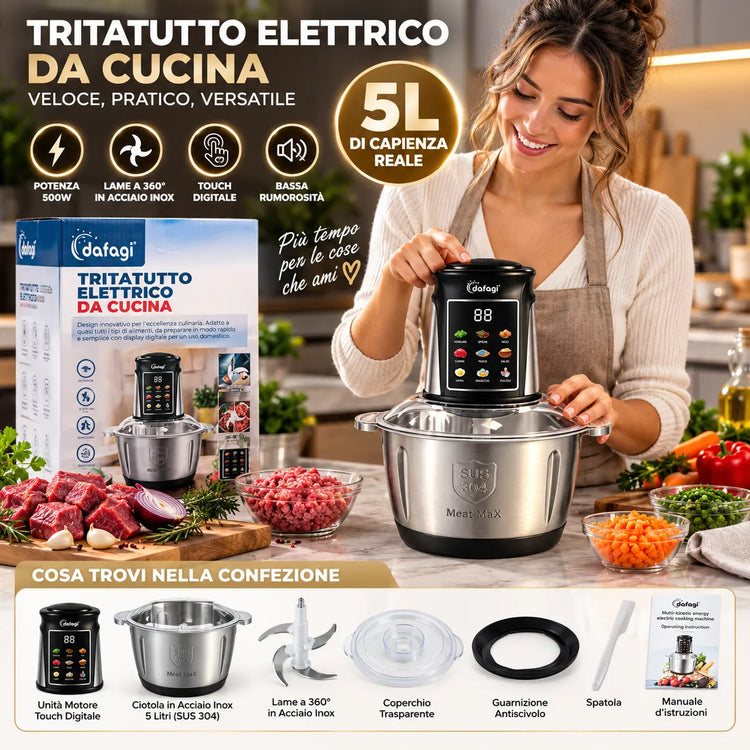 Tritatutto Elettrico DAFAGI 5 Litri 500W Touch Digitale con 4 Lame in Acciaio Inox a 360°, Doppia Velocità, Funzione Pulse, Ciotola in Acciaio, Multifunzione per Carne, Verdure, Salse e Impasti