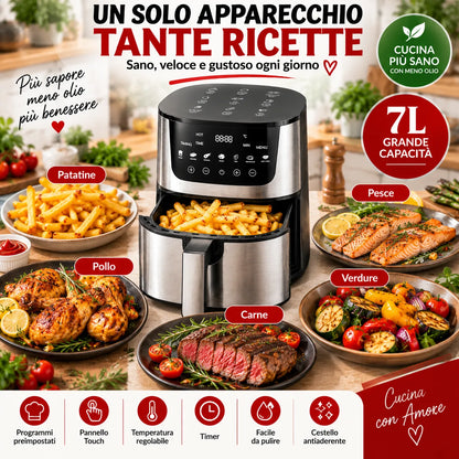 Friggitrice ad Aria Digitale 7L 2400W con Finestra – Air Fryer XXL con Display Touch, Cestello Estraibile, Timer e Temperatura Regolabile