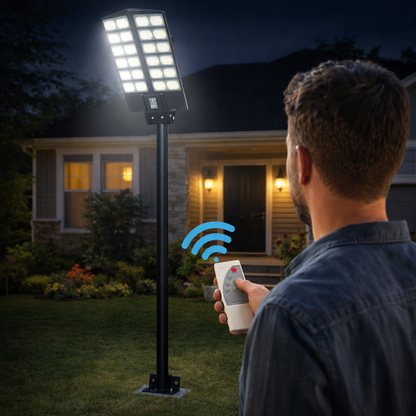 Lampione Solare LED 1600W con Telecomando – 23000mAh, Sensore Movimento, IP66 Impermeabile, Faro Stradale Esterno Alta Luminosità