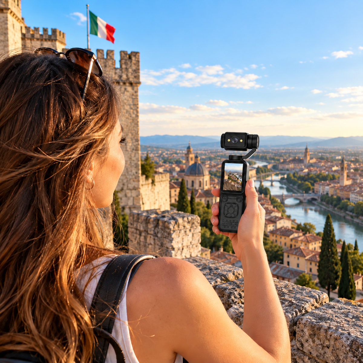 Action Cam Sportiva 4K con Testa Rotante 180°, Schermo LCD, Videocamera Portatile per Vlog, Viaggi, Sport e Riprese Outdoor