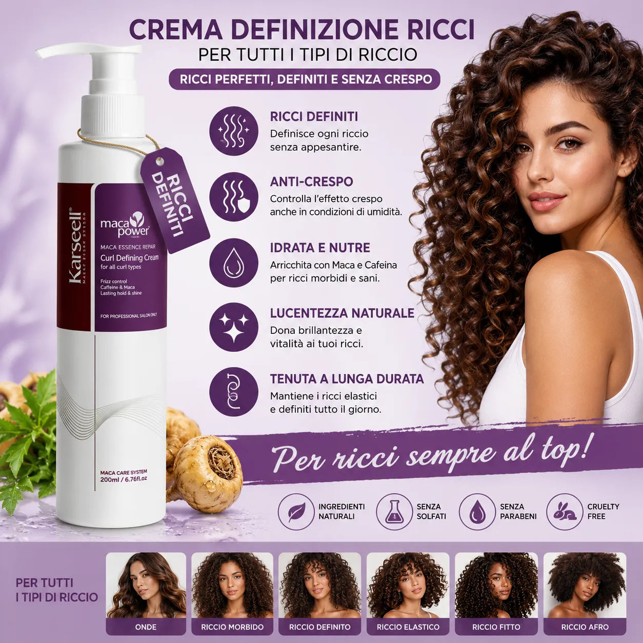 Karseell Maca Power Curling Perfection Defining Cream 200ml – Crema Definizione Ricci Anti Crespo con Maca, Cheratina e Olio di Argan