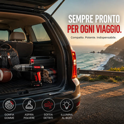 Aspirapolvere portatile auto 4 in 1 compressore gonfiatore soffiatore torcia LED wireless
