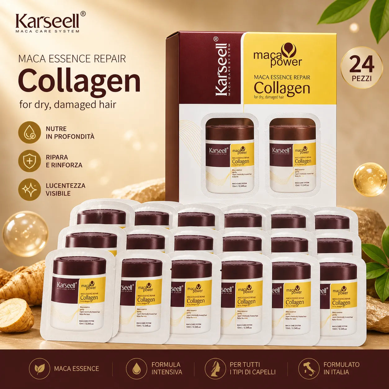 Karseell Maschera Capelli al Collagene 10ml x 24 Pezzi – Trattamento Nutriente con Olio di Argan e Maca – Idratante Riparatore per Capelli Secchi, Danneggiati e Trattati