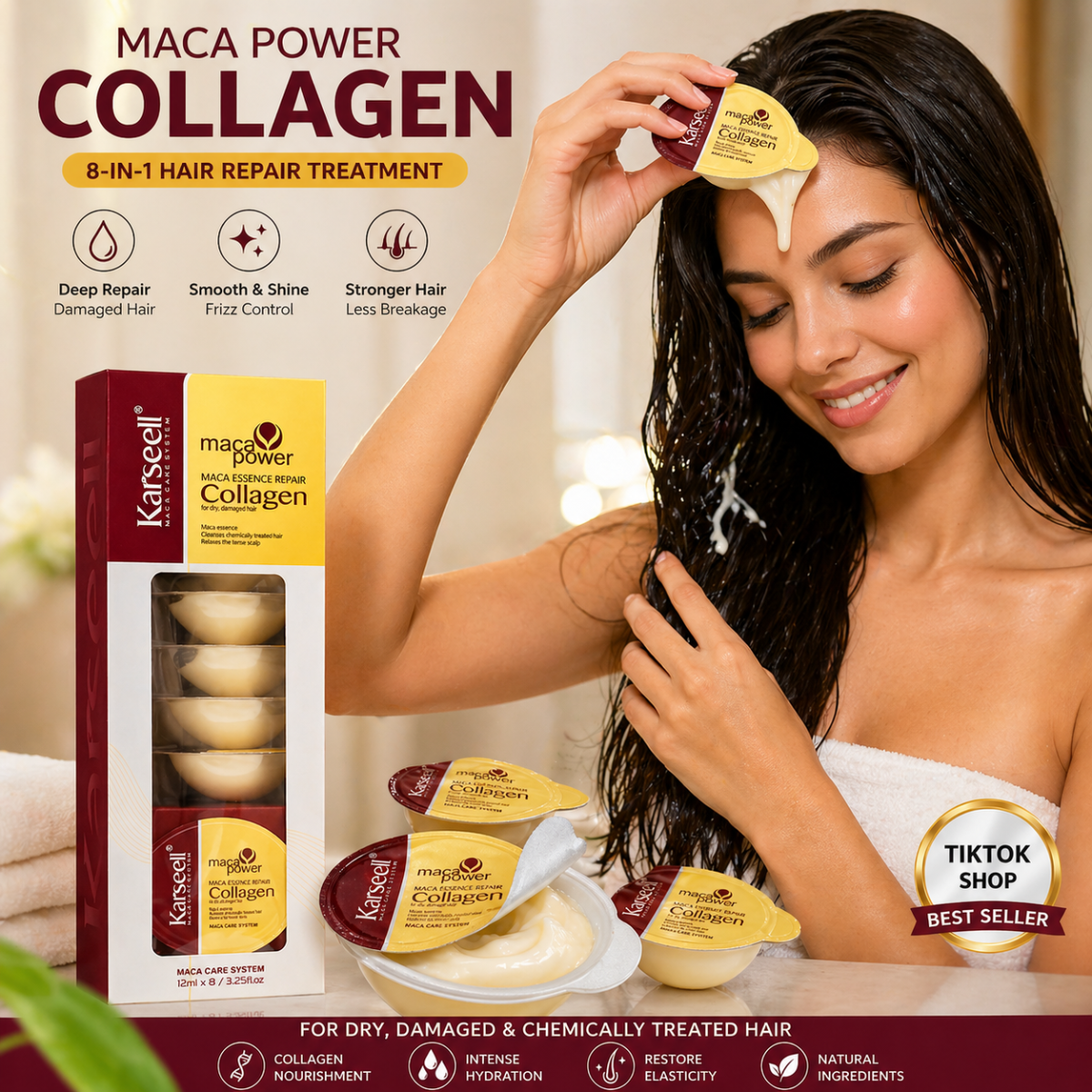 Karseell MACA CARE SYSTEM Maschera Capelli Collagene Monodose 12mlx8 – Riparazione Intensa, Anti Crespo, Idratazione Profonda Capelli Secchi e Danneggiati – Effetto Lucente Professionale