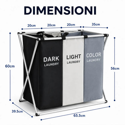 Cesto Portabiancheria 3 Scomparti Pieghevole con Telaio in Metallo – Porta Biancheria Salvaspazio per Bucato Scuri, Chiari e Colorati