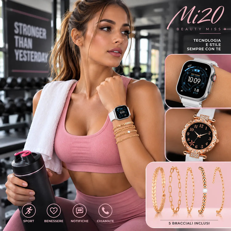 Mi20 Beauty Miss Smartwatch Donna con Chiamate Bluetooth + Orologio Analogico e Set 5 Bracciali – Kit Regalo Elegante