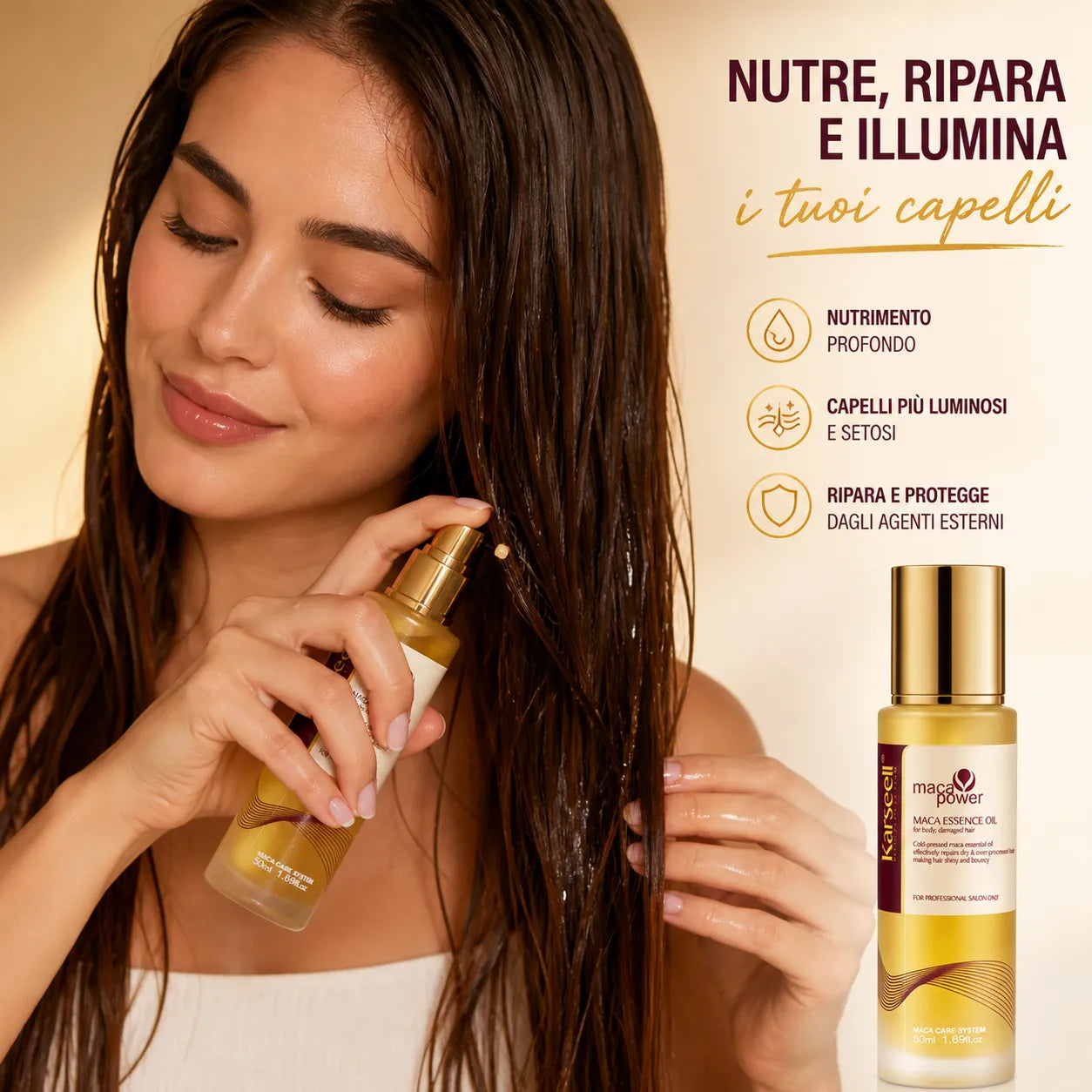 Karseell Maca Care System Siero Capelli 50ml con Olio di Argan – Idratazione Profonda, Riparazione Capelli Danneggiati, Anticrespo, Lucentezza Effetto Specchio, Senza Solfati