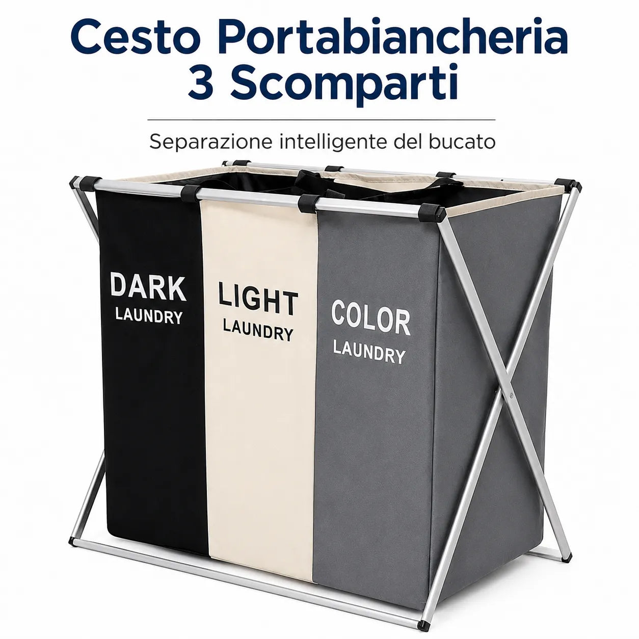 Cesto Portabiancheria 3 Scomparti Pieghevole con Telaio in Metallo – Porta Biancheria Salvaspazio per Bucato Scuri, Chiari e Colorati