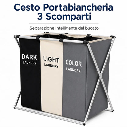 Cesto Portabiancheria 3 Scomparti Pieghevole con Telaio in Metallo – Porta Biancheria Salvaspazio per Bucato Scuri, Chiari e Colorati