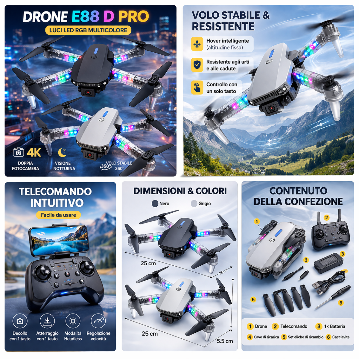 Drone pieghevole E88 D Pro con app e doppia fotocamera HD, luci LED, controllo remoto e mantenimento altezza