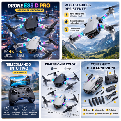 Drone pieghevole E88 D Pro con app e doppia fotocamera HD, luci LED, controllo remoto e mantenimento altezza