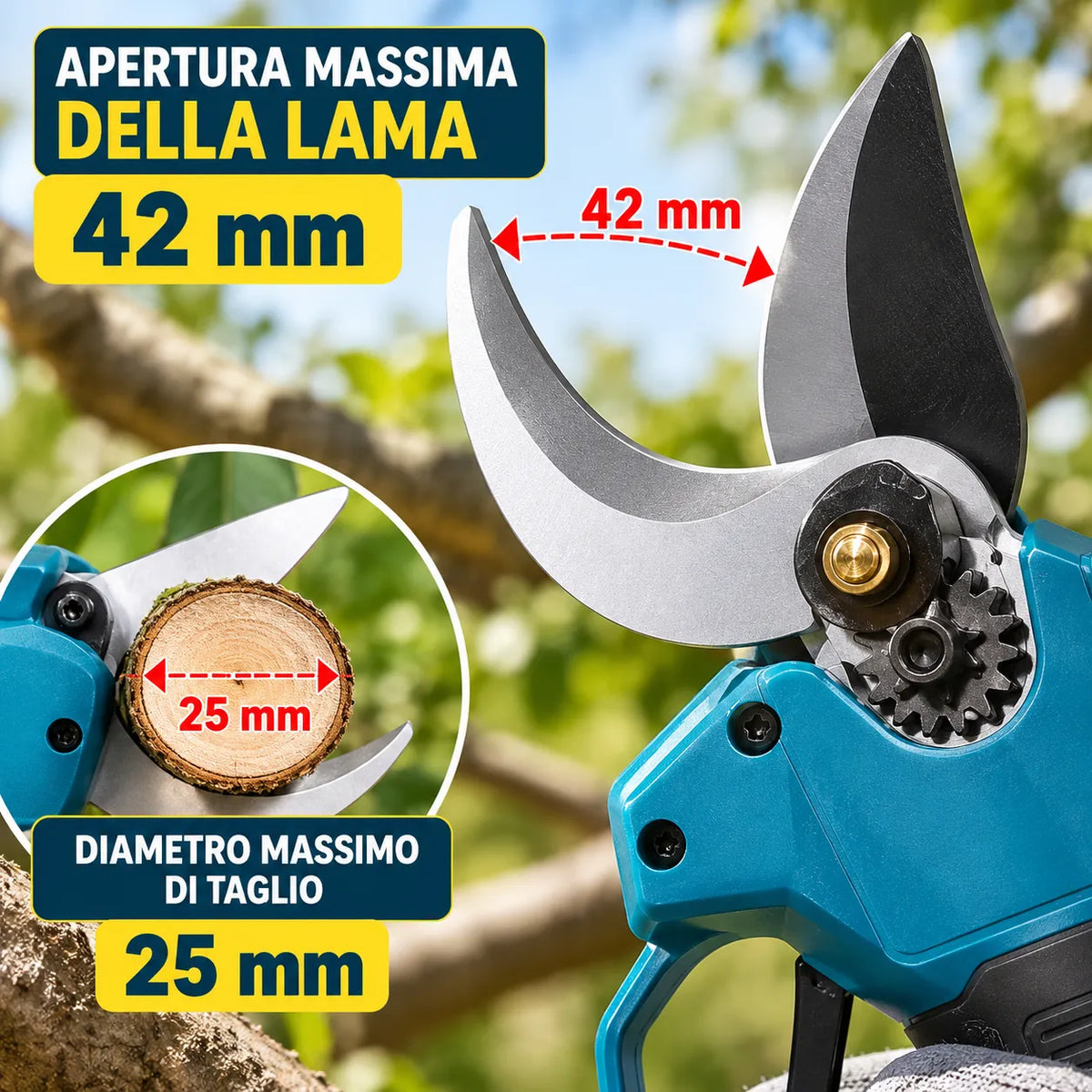 Cesoia Elettrica da Potatura a Batteria 48V Litio 2Ah Brushless Taglio 25 mm  apertura fino a 42 mm per Rami, Alberi, Vigneti e Giardinaggio
