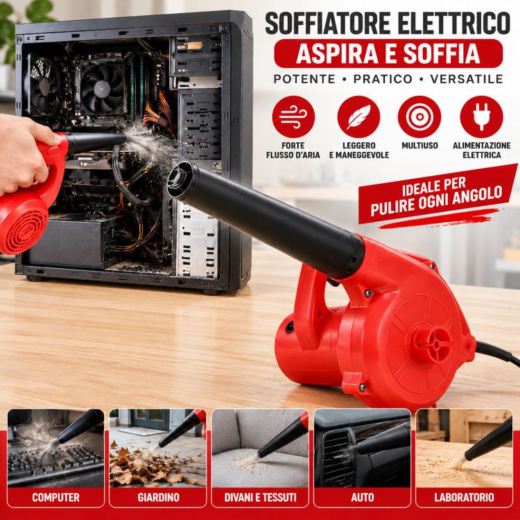 Soffiatore Aspiratore Elettrico Portatile 2 in 1 Rosso con Tubo Lungo – Pulizia PC, Tastiere, Polvere, Auto e Officina