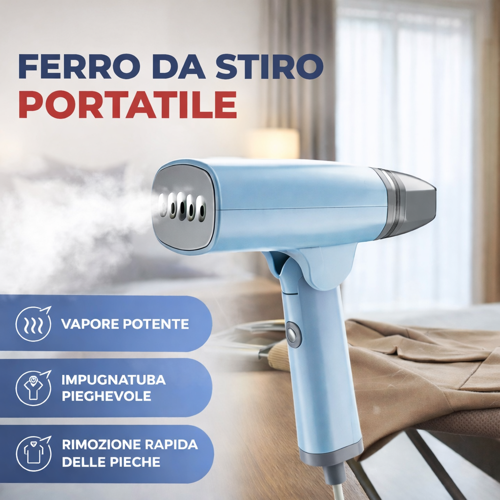 Ferro da Stiro Portatile a Vapore 1300W – Compatto e Pieghevole, Rimozione Rapida delle Pieghe, Ideale per Viaggio e Casa, Disponibile in Bianco, Azzurro e Verde
