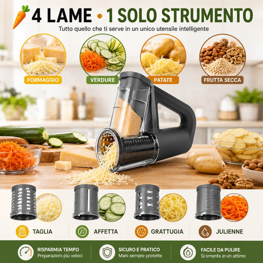 Grattugia Rotativa Manuale 4 in 1 con 4 Lame Intercambiabili – Affetta, Grattugia e Taglia Julienne – Ideale per Formaggio, Verdure, Patate e Frutta Secca