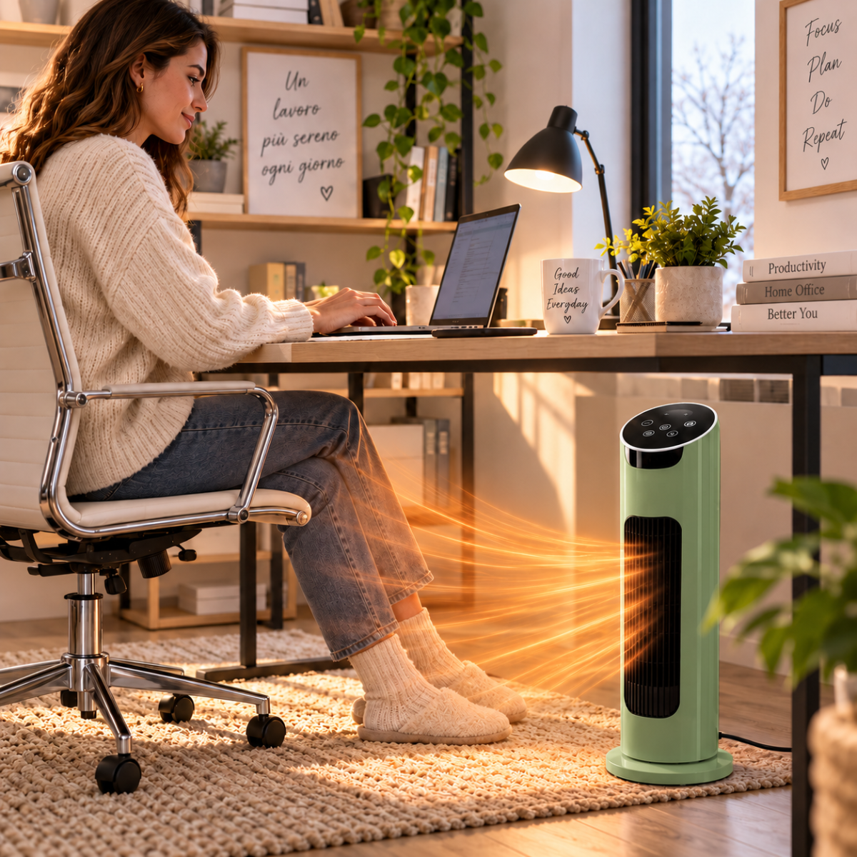 Termoventilatore Ceramico a Torre Rotante con Telecomando –  Stufa Elettrica Verticale PTC con Display Touch e Base