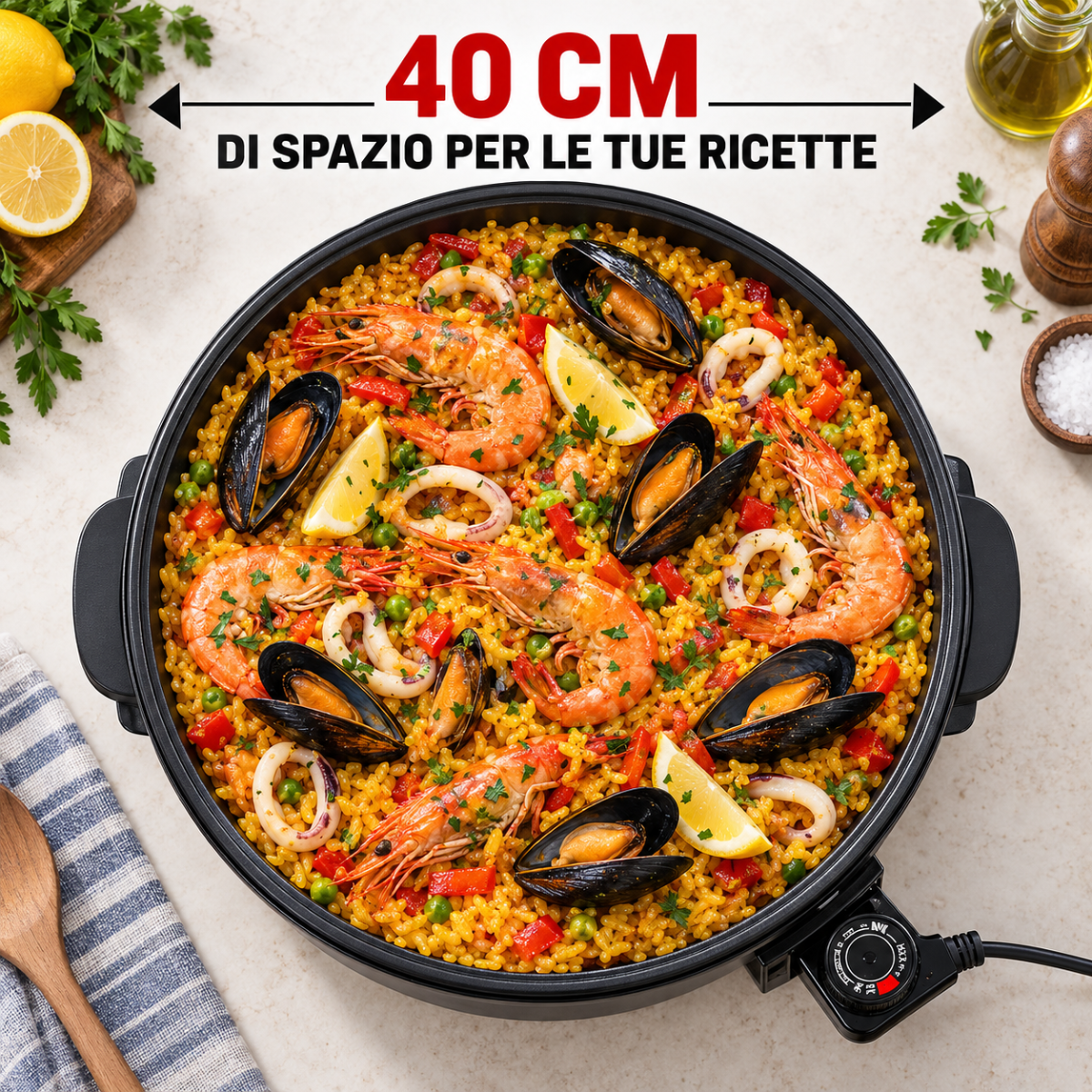 Tegame Elettrico Multifunzione 1500W Ø 40 cm con Coperchio in Vetro, Termostato Regolabile, Padella Antiaderente per Cucinare, Friggere, Arrostire e Stufare