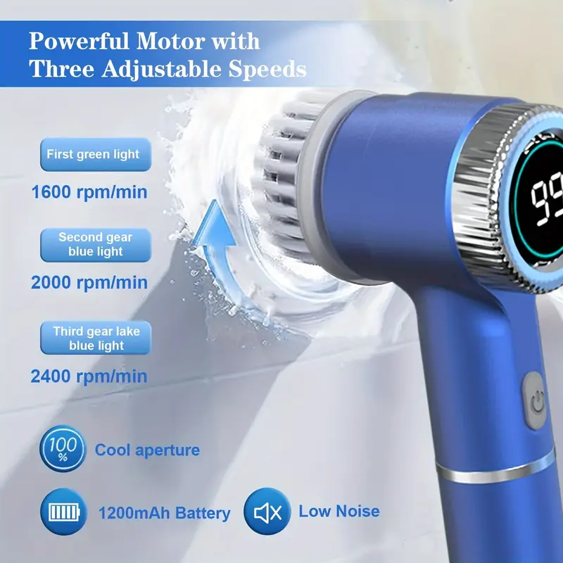 Spazzola Elettrica per Pulizia 5 in 1 – Motore Potente 3 Velocità (1600-2400 giri/min), Impermeabile IPX7, Wireless, Ricaricabile, con 5 Testine Intercambiabili