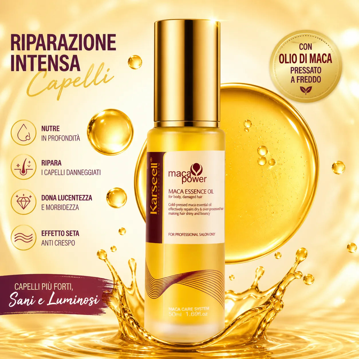 Karseell Maca Care System Siero Capelli 50ml con Olio di Argan – Idratazione Profonda, Riparazione Capelli Danneggiati, Anticrespo, Lucentezza Effetto Specchio, Senza Solfati