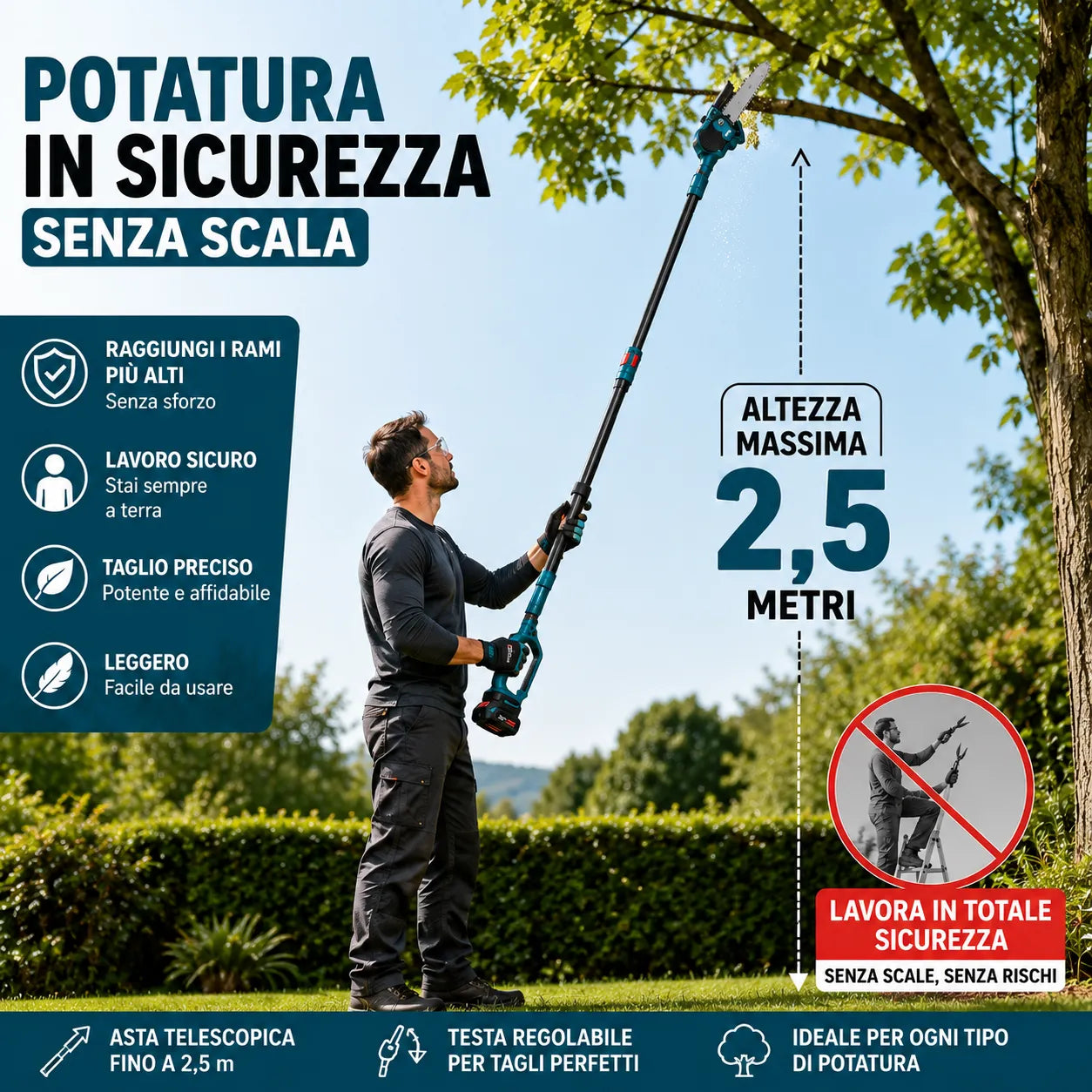 Kit Potatura a Batteria 3 in 1 con Asta Telescopica – Forbice Elettrica + Mini Motosega 6" + 2 Batterie e accessori