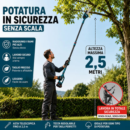 Kit Potatura a Batteria 3 in 1 con Asta Telescopica – Forbice Elettrica + Mini Motosega 6" + 2 Batterie e accessori