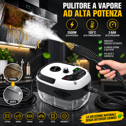Pulitore a Vapore Professionale 2500W ad Alta Pressione 3 BAR, Temperatura 105°C, Pistola a Vapore con Tubo Flessibile, Pulizia Cucina, Forno, Cappa, Piastrelle e Fughe, Sgrassatore Elettrico