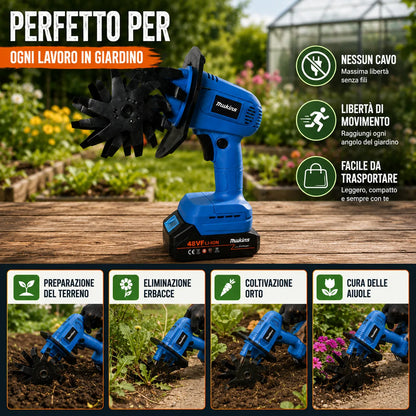 Motozappa Elettrica a Batteria 48VF – Coltivatore Portatile 550W per Orto e Giardino – 8 Lame in Acciaio – Batteria al Litio con Display – Sarchiatore Cordless Leggero