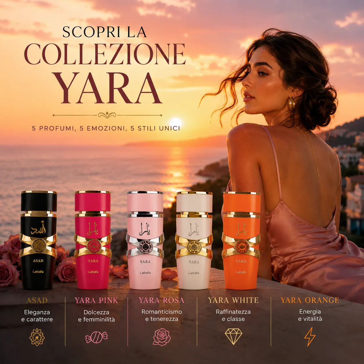 Set Profumi Lattafa Yara Collection 5 x 30 ml – Asad, Yara Pink, Yara Rosa, Yara White e Yara Orange – Eau de Parfum Unisex e Donna